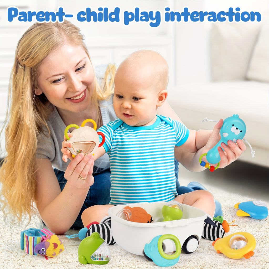 Newborn Sensory Toy Set 13 Pcs Baby Rattle Gift – Wrist & Foot Finders, Teethers & Rattles for Infants 0+, Baby Shower Gift, Stocking Stuffer for Boys & Girls