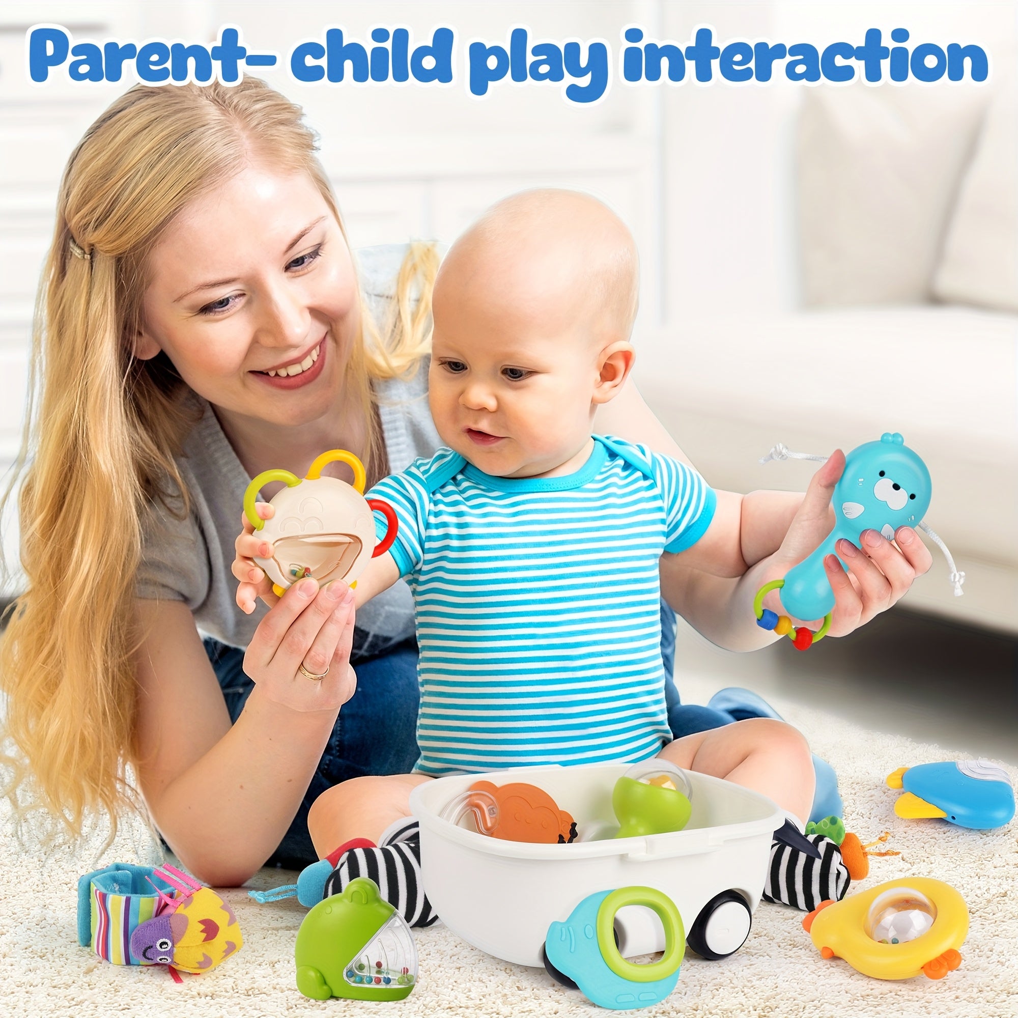 Newborn Sensory Toy Set 13 Pcs Baby Rattle Gift – Wrist & Foot Finders, Teethers & Rattles for Infants 0+, Baby Shower Gift, Stocking Stuffer for Boys & Girls