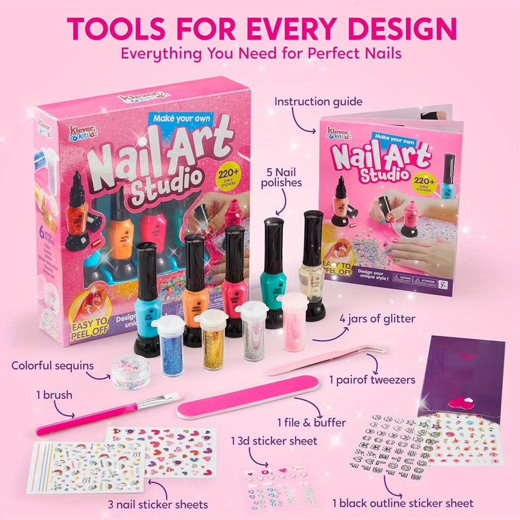 Kids Nail Polish Art Kit for Girls - Non-Toxic Nail Studio with 6 Color Polishes, Glitter, 220+ Stickers & Sequins - Creative Birthday Christmas Gift for Girls Ages 7+