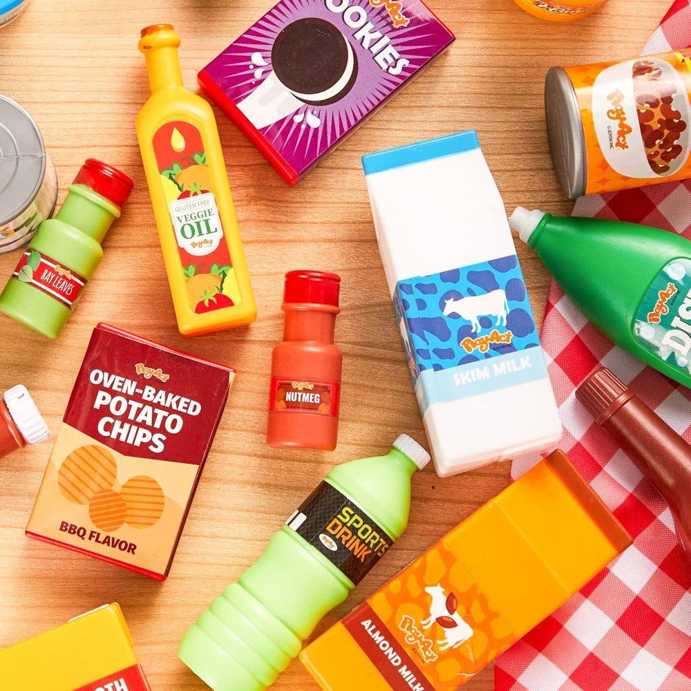 30-Piece Play Food Grocery Cans Set – Pretend Kitchen Additions with Drink, Juice, Snack & Yogurt Cans for Kids, Easter Basket Stuffers & Party Favors