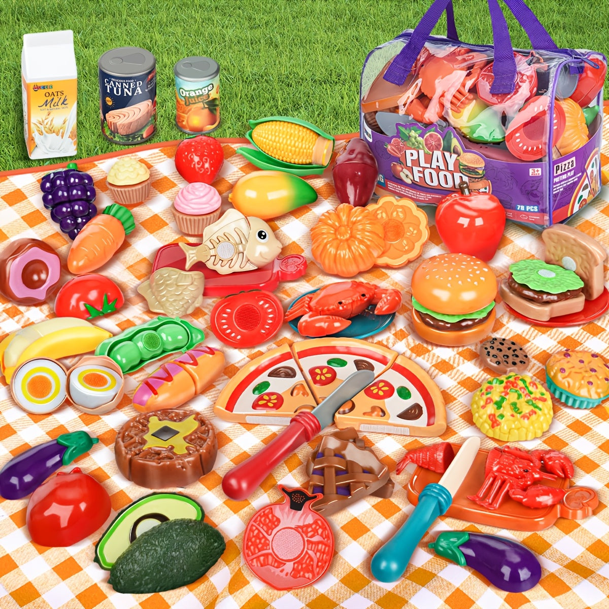 Pretend Cutting Food Playset for Toddlers – 78pcs Simulation Fruits, Seafood & Bakery Kitchen Role Play Toy with Portable Storage Bag, Educational Gift for Kids 18M+