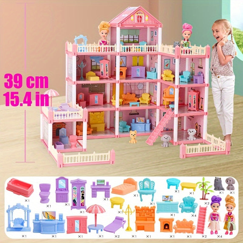 Dollhouse Princess Castle with Furniture – 11 to 27 Room Doll Villa Play Set for Girls Logical Thinking Toy Birthday Christmas Gift Kids Ages 3+ Pink Blue