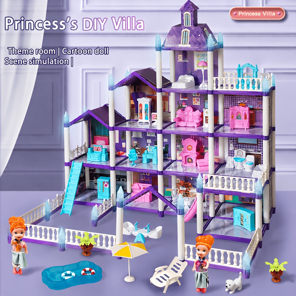 Dollhouse for Girls Ages 3-10 with Doll Figures Puppies Furniture Accessories LED Light - 6 to 16 Room Purple Playhouse, Imaginative Pretend Play Toy, Birthday Christmas Easter Gift for Girls