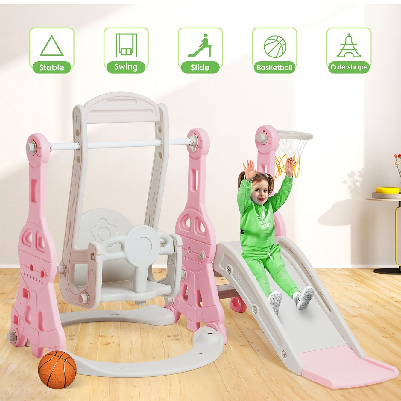 4-in-1 Toddler Slide and Swing Set with Climber Basketball Hoop Indoor Outdoor Backyard Playset for Kids Ages 1-3