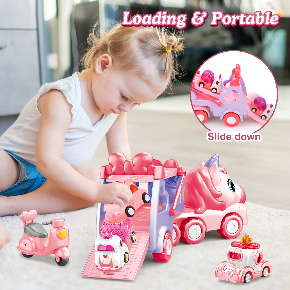 Pink Carrier Truck Toy with 4 Mini Cars Pull-Back Music Lights - Transport Vehicle Toy for Toddlers Ages 3+, Birthday Easter Gift for Boys & Girls