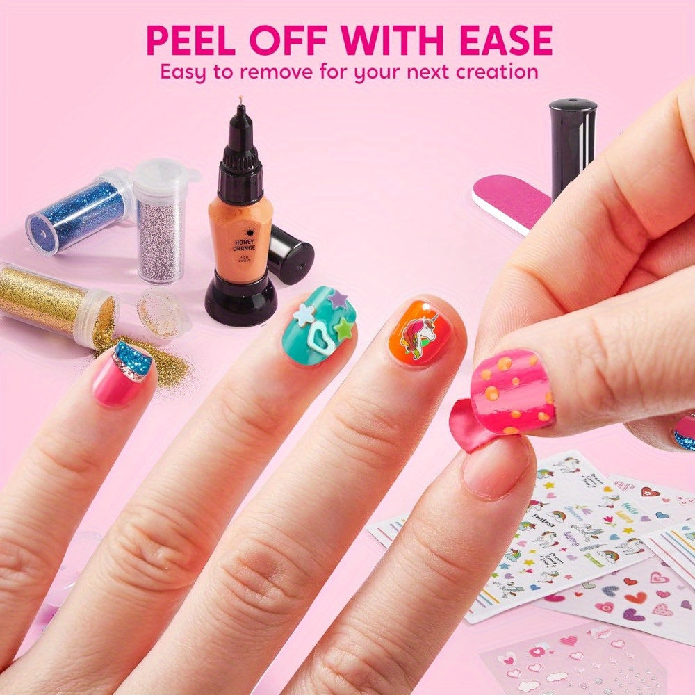 Kids Nail Polish Art Kit for Girls - Non-Toxic Nail Studio with 6 Color Polishes, Glitter, 220+ Stickers & Sequins - Creative Birthday Christmas Gift for Girls Ages 7+