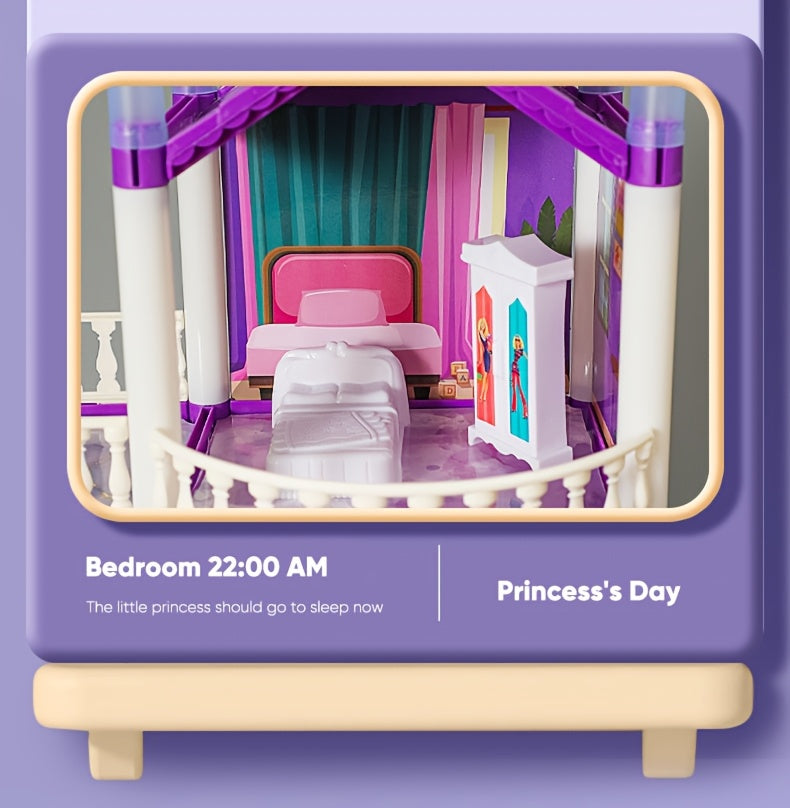Dollhouse for Girls Ages 3-10 with Doll Figures Puppies Furniture Accessories LED Light - 6 to 16 Room Purple Playhouse, Imaginative Pretend Play Toy, Birthday Christmas Easter Gift for Girls