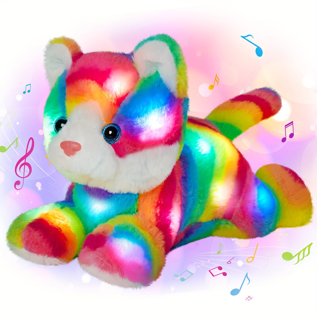 Musical Glowing Rainbow Cat Stuffed Animal - Soft Plush Cat Toy with Colorful LED Lights & Sound, Cute Kawaii Cat Plushie for Playtime Birthday New Year Party Decoration Gift