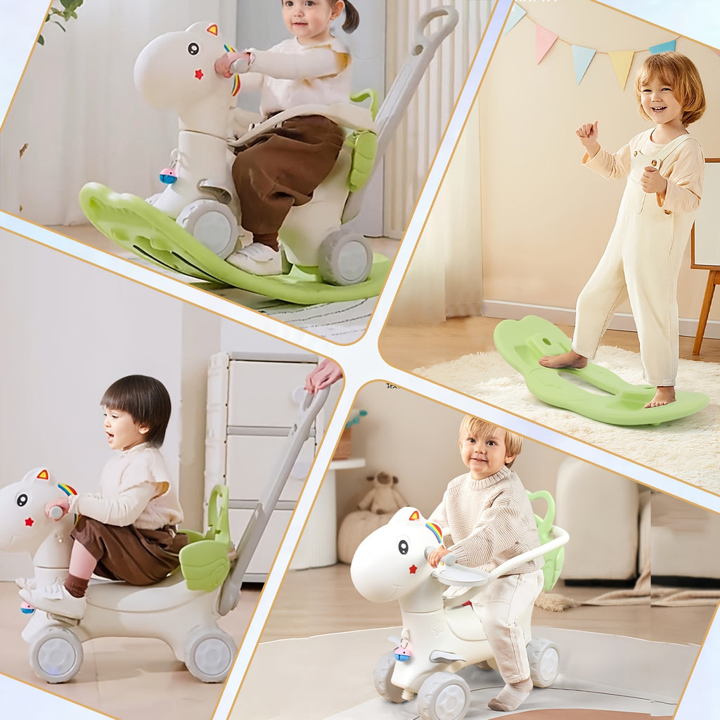 4-in-1 Rocking Horse with Basketball Hoop & Safety Push Rod for Toddlers 1+ – Ride-On Bike, Balance Bike & Balance Board, Indoor Outdoor Baby Balance Toy, Birthday Gift Boys & Girls