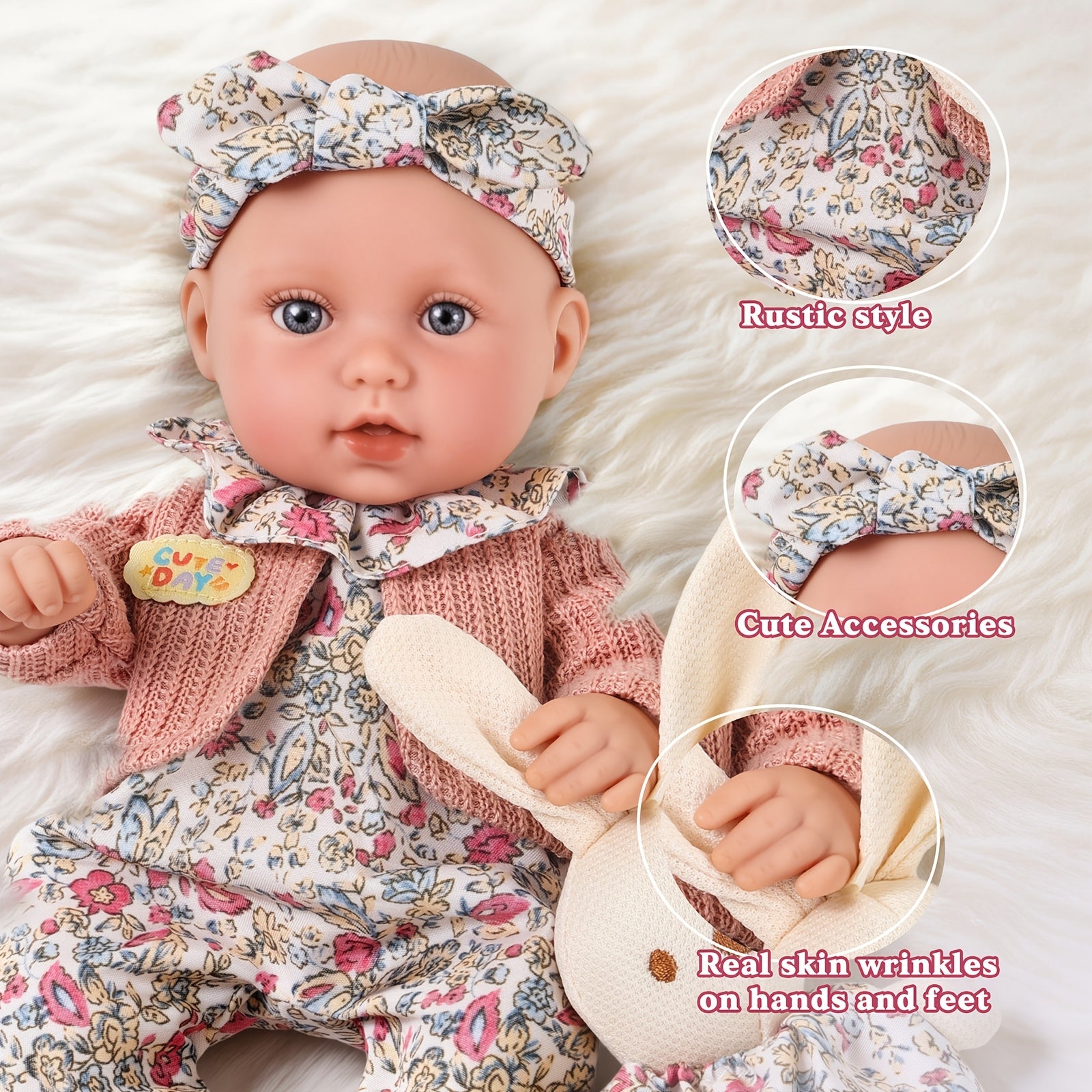 12 Inch Dress-Up Baby Doll Set with Floral Clothes Headscarf Socks & Toy Rabbit – Vinyl Girl Doll Playset for Kids Ages 3+ Birthday Christmas Gift (Beige & Pink)