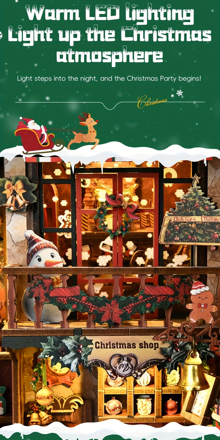 Christmas Shop Book Nook Kit – 3D Wooden Miniature House DIY Bookshelf Insert for Adults & Teens, Cozy Holiday Tiny House Craft, Christmas & New Year Gift, Home Decor
