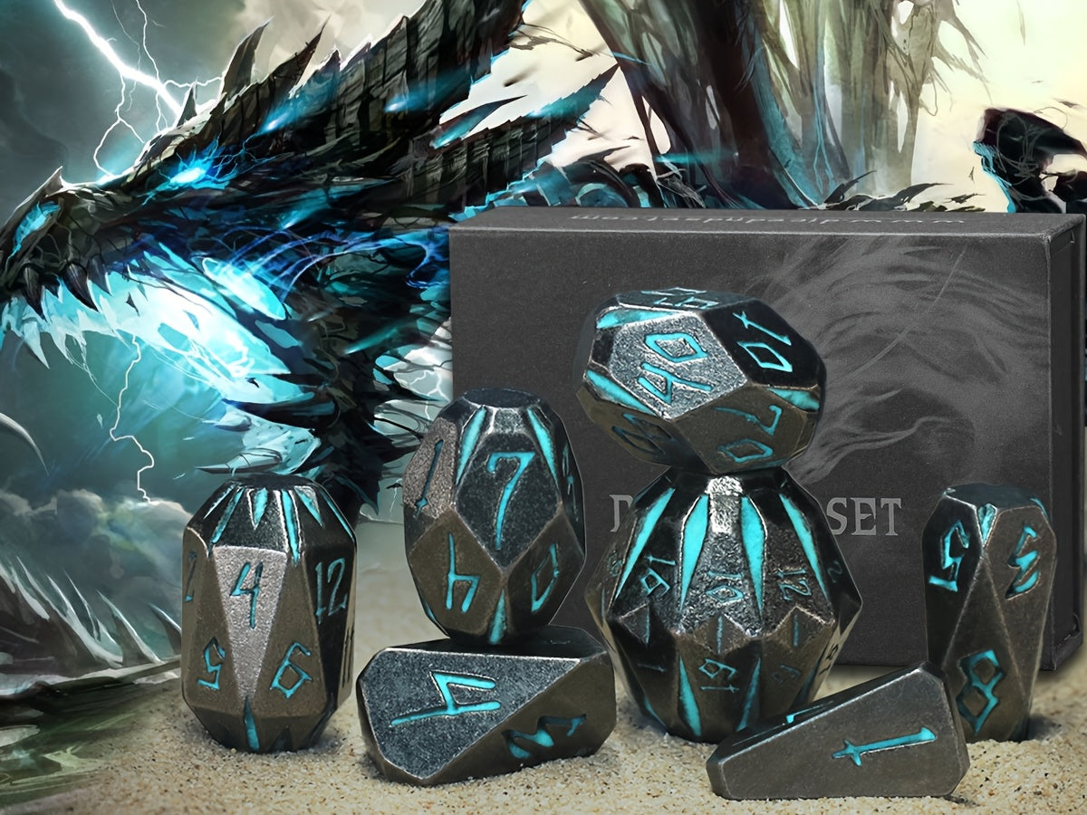Metal DND Dice Set 7 Piece Stonehenge Themed Glow in the Dark – Zinc Alloy Heavy Polyhedral RPG Dice D4-D20 with Gift Box Blue, Dungeon Master Birthday Christmas Gift for Tabletop Gamers