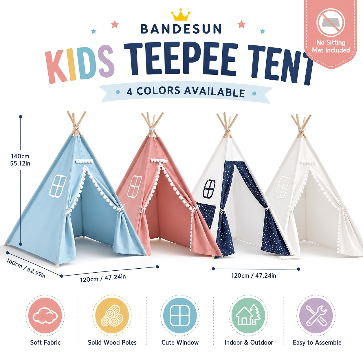 Kids Teepee Tent for Girls Boys, Indoor Outdoor Play Tent with Washable Fabric, Nordic Princess Conical Playhouse for Bedroom Backyard, Birthday Christmas Gift Ages 3+ (No Padding)