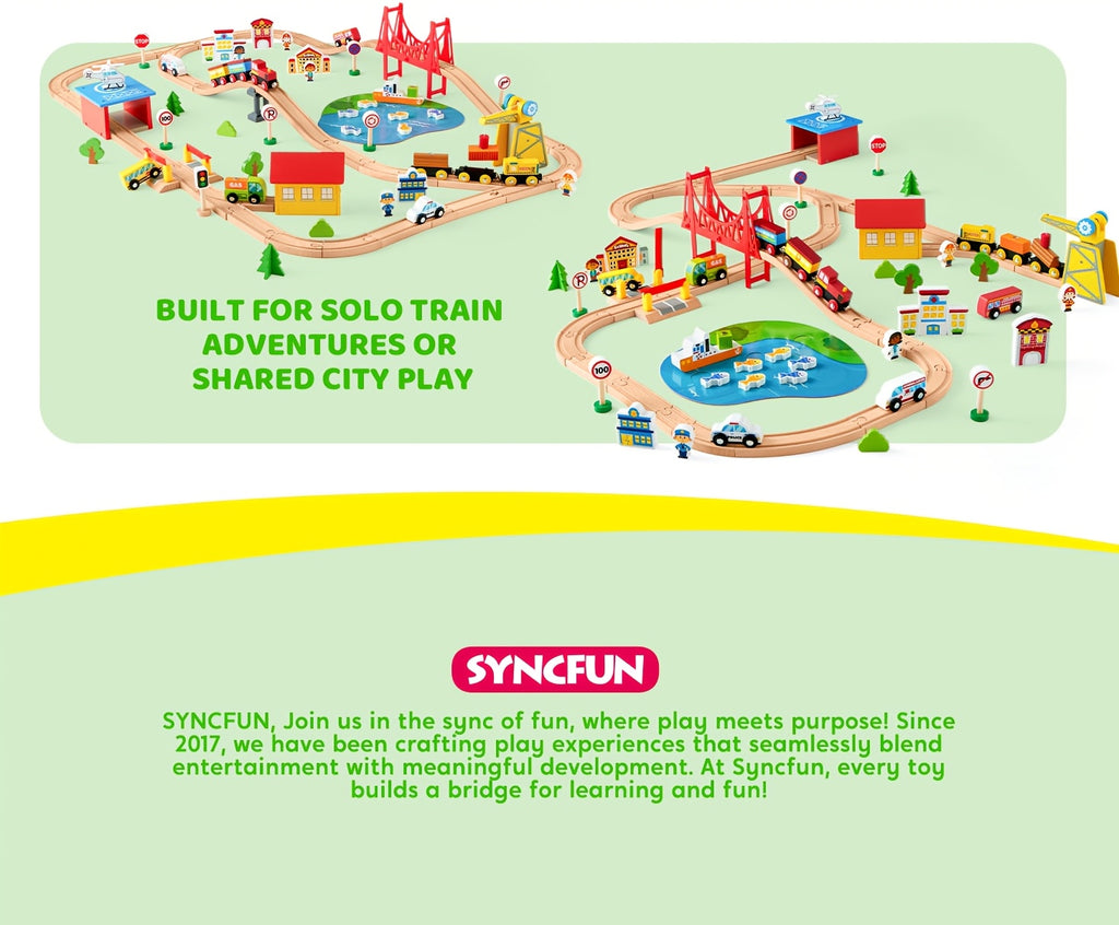 110pcs Wooden Train Set City Scene Railway – 6 Magnetic Trains, 7 City Themes, Helicopter, Ship & Vehicles, Compatible with All Brands, Birthday Christmas Gift for Kids
