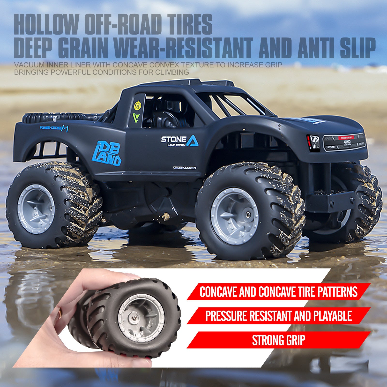 Amphibious RC Monster Truck 1:16 Scale 4WD Waterproof - 2 Rechargeable Batteries, All Terrain Off-Road RC Car for Kids Boys Ages 4-7, Birthday Gift