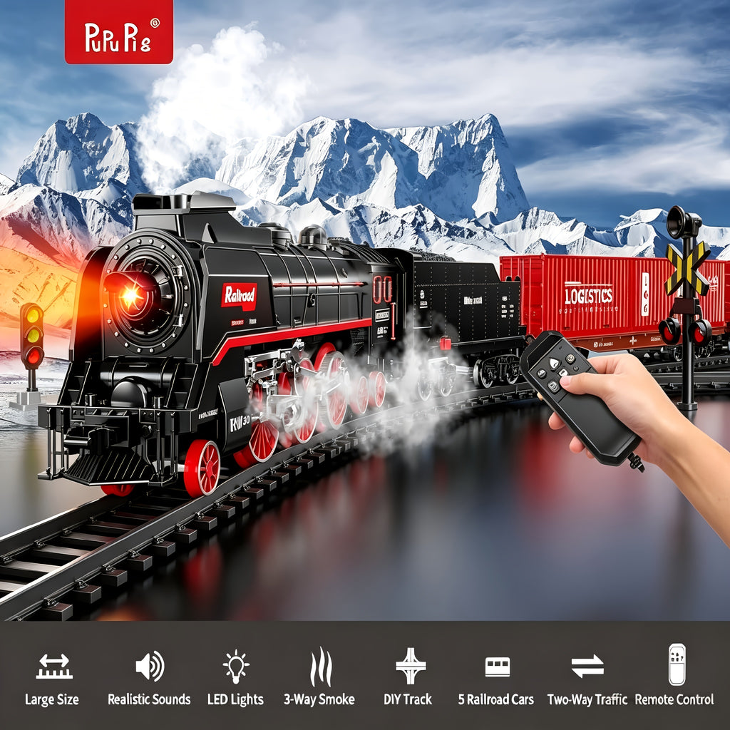 T627A Retro Steam Train Set with LED Lights, Smoke Spray & Realistic Sound Effects – 7-Piece USB Rechargeable Electric Train Toy Gift