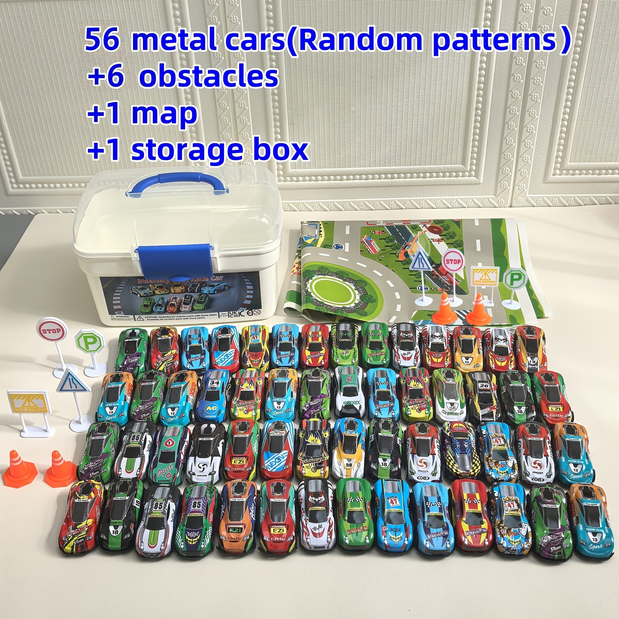 64pcs Mini Pull Back Toy Car Set 56 Vehicles City Map Traffic Signs Storage Box Kids Party Favors Boys Girls Ages 3+ Birthday Christmas Gift