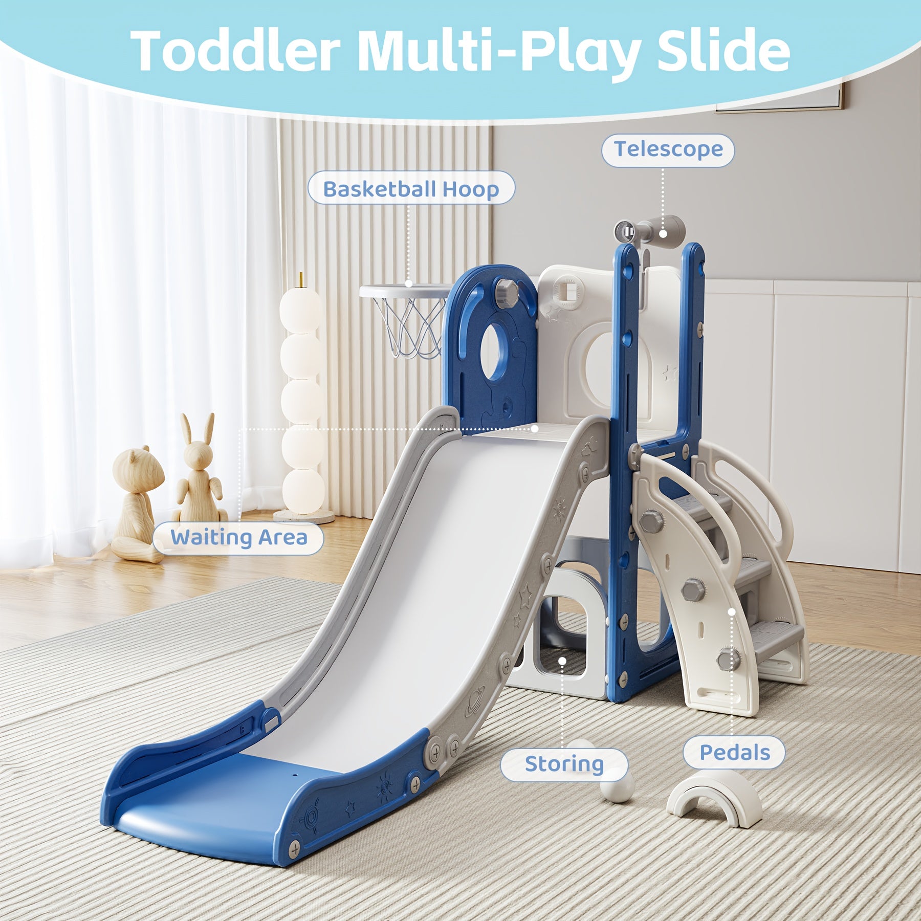 Toddler Slide and Climber Playset Indoor Outdoor for Boys Girls Ages 1.5-6 - L-Shaped Playground with Basketball Hoop Storage Telescope, Easy Assembly Kids Slide Set, Birthday Christmas Gift