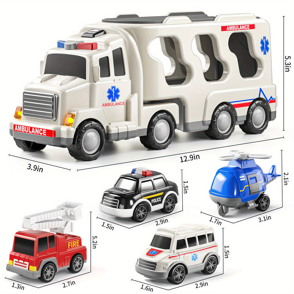 5-in-1 Ambulance Fire Truck Carrier Toy with Lights Sounds Friction Power Emergency Vehicle Playset for Kids Boys Girls Toddlers Ages 3 4 5 Birthday Christmas