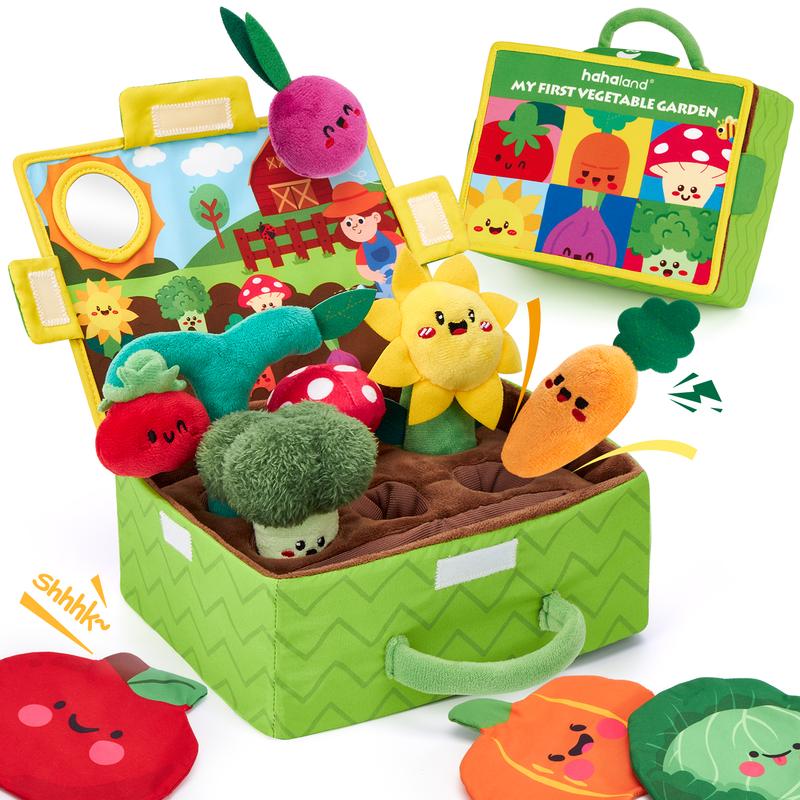 Baby Sensory Play Food Set by Hahaland, 16-Piece Plush Fruits and Vegetables with Crinkle Rattles and Color Sorting Baskets for Ages 6 Months and Up