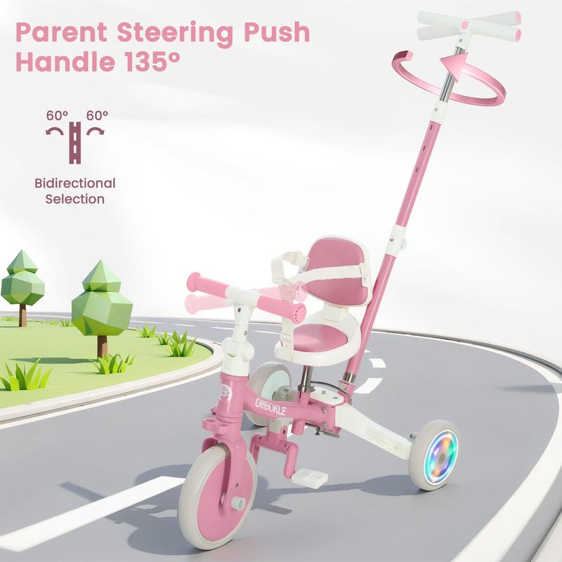 5-in-1 Toddler Tricycle with Push Handle, Bobike Convertible Balance & Pedal Bike for Ages 1-3, Adjustable Seat, Harness & Light-Up Rear Wheel