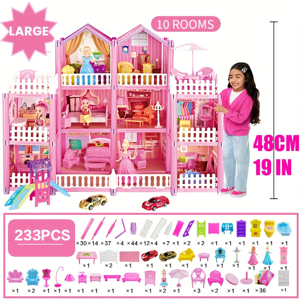 Dollhouse Princess Castle with Furniture – 11 to 27 Room Doll Villa Play Set for Girls Logical Thinking Toy Birthday Christmas Gift Kids Ages 3+ Pink Blue