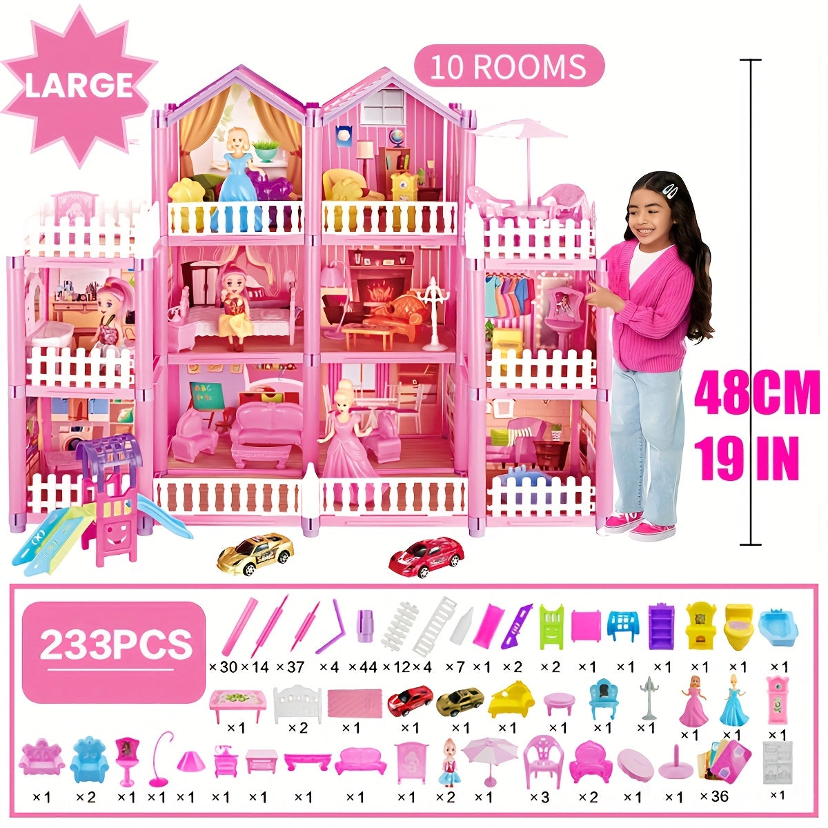 Dollhouse Princess Castle with Furniture – 11 to 27 Room Doll Villa Play Set for Girls Logical Thinking Toy Birthday Christmas Gift Kids Ages 3+ Pink Blue