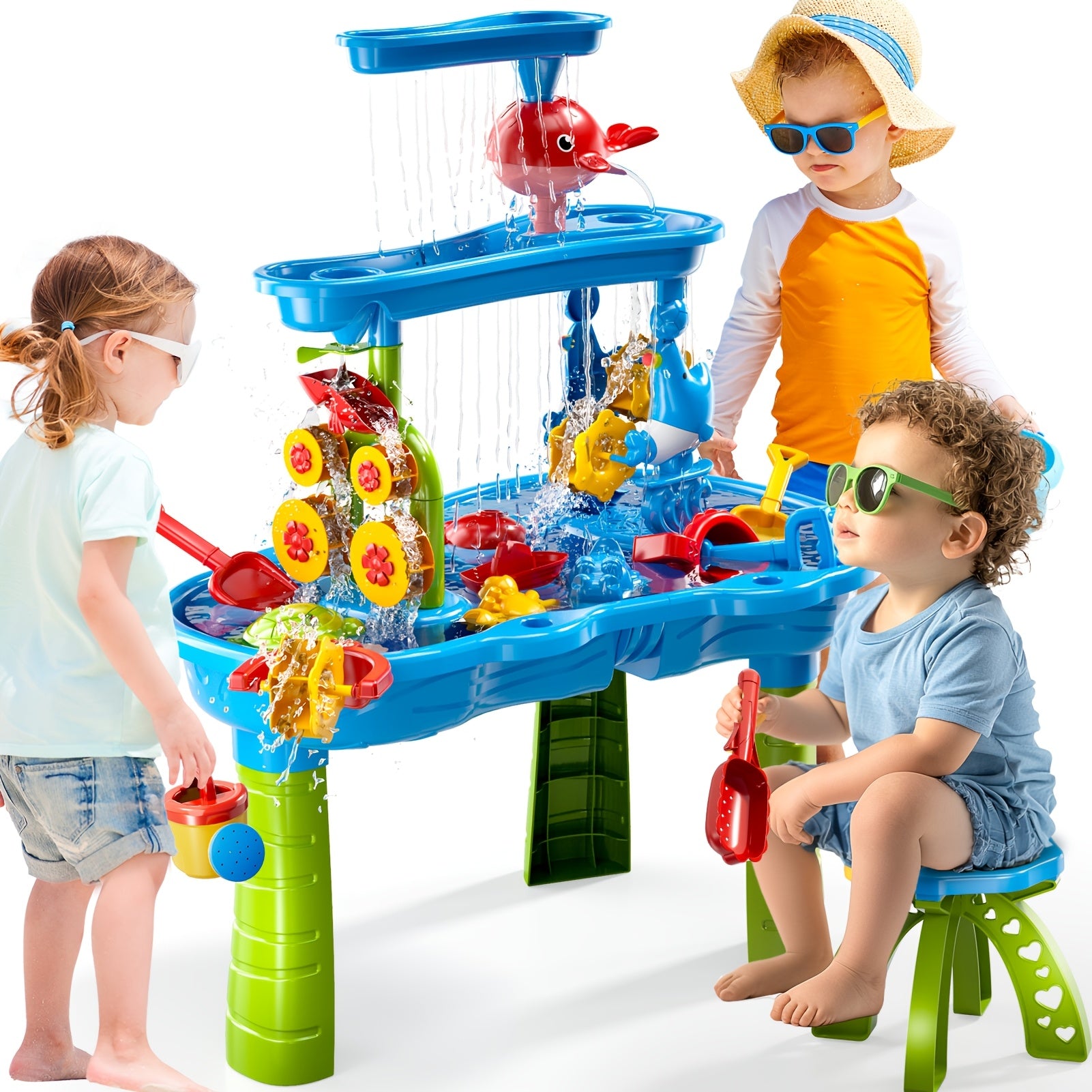 Sand & Water Table for Toddlers 3-Tier with Shovel Scoop Strainer – Outdoor Sensory Play Set for Kids Ages 2-6, Backyard Beach Patio Summer Activity