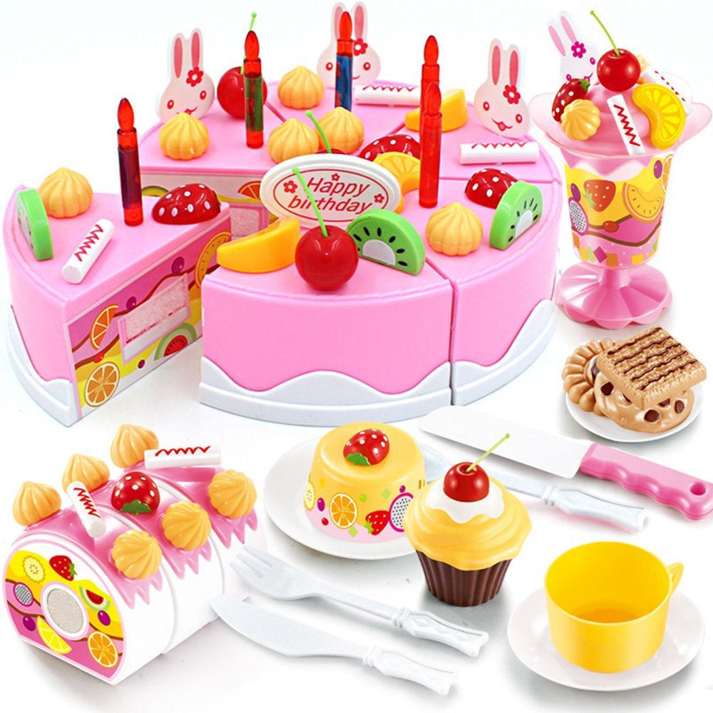 Birthday Cake Tea Party Play Food Toy Set Kids Pretend Play Cake Decorating Dessert Accessories 75-85pcs Girls Ages 3+