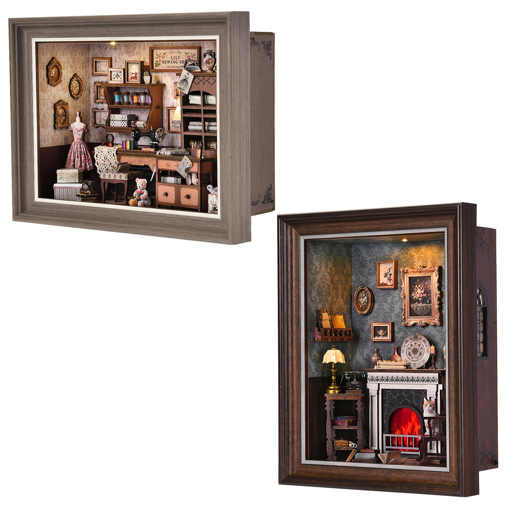 Book Nook Kit Sewing House 3D Wooden Puzzle Bookshelf Insert with LED – Miniature Model Building Kit, Cool Room Decor & Birthday Gift for Adults & Teens (Fireplace or Dwarf Style)