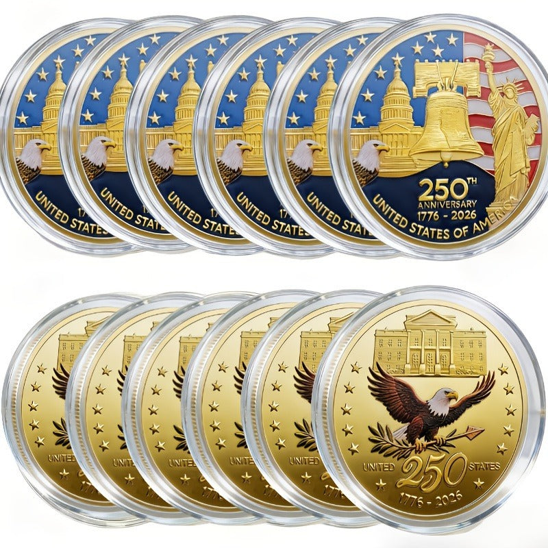 America 250th Anniversary Coin Set 2026 12pcs 1776-2026 USA Bicentennial Eagle Challenge Commemorative Medallion with Acrylic Cases Collector Gift