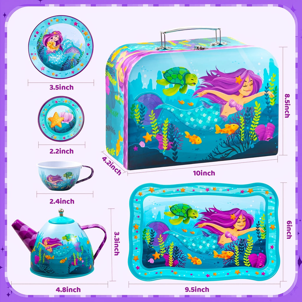 Mermaid Tea Party Set for Girls 14-Piece Tin Teapot Cups Plates Carrying Case Princess Pretend Play Kitchen Toy Kids Age 3+ Christmas Birthday Gift