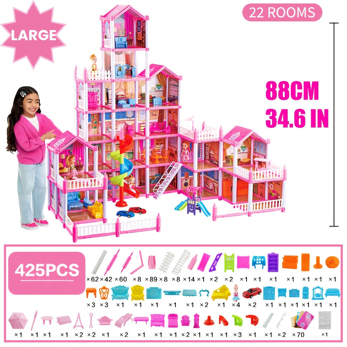 Dollhouse Princess Castle with Furniture – 11 to 27 Room Doll Villa Play Set for Girls Logical Thinking Toy Birthday Christmas Gift Kids Ages 3+ Pink Blue