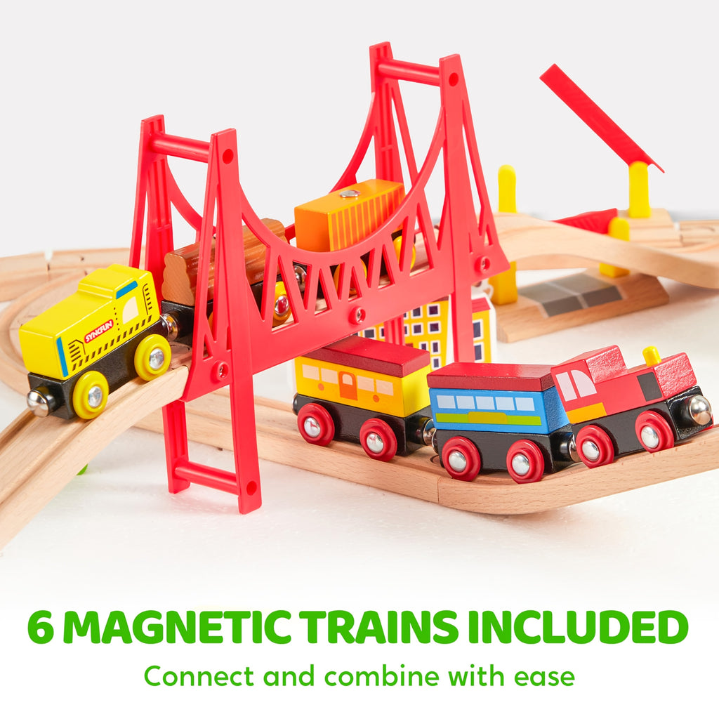 110pcs Wooden Train Set City Scene Railway – 6 Magnetic Trains, 7 City Themes, Helicopter, Ship & Vehicles, Compatible with All Brands, Birthday Christmas Gift for Kids
