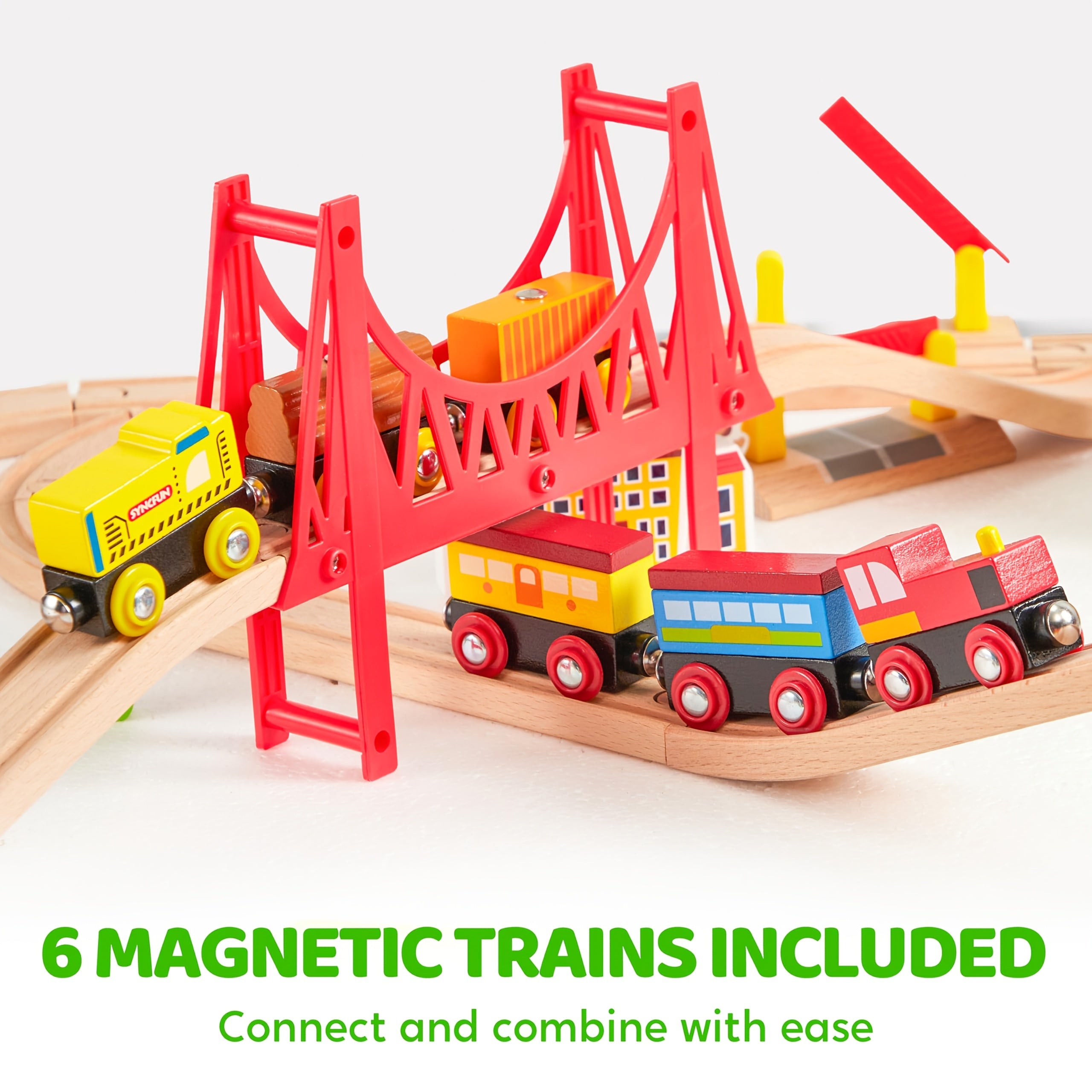 110pcs Wooden Train Set City Scene Railway – 6 Magnetic Trains, 7 City Themes, Helicopter, Ship & Vehicles, Compatible with All Brands, Birthday Christmas Gift for Kids