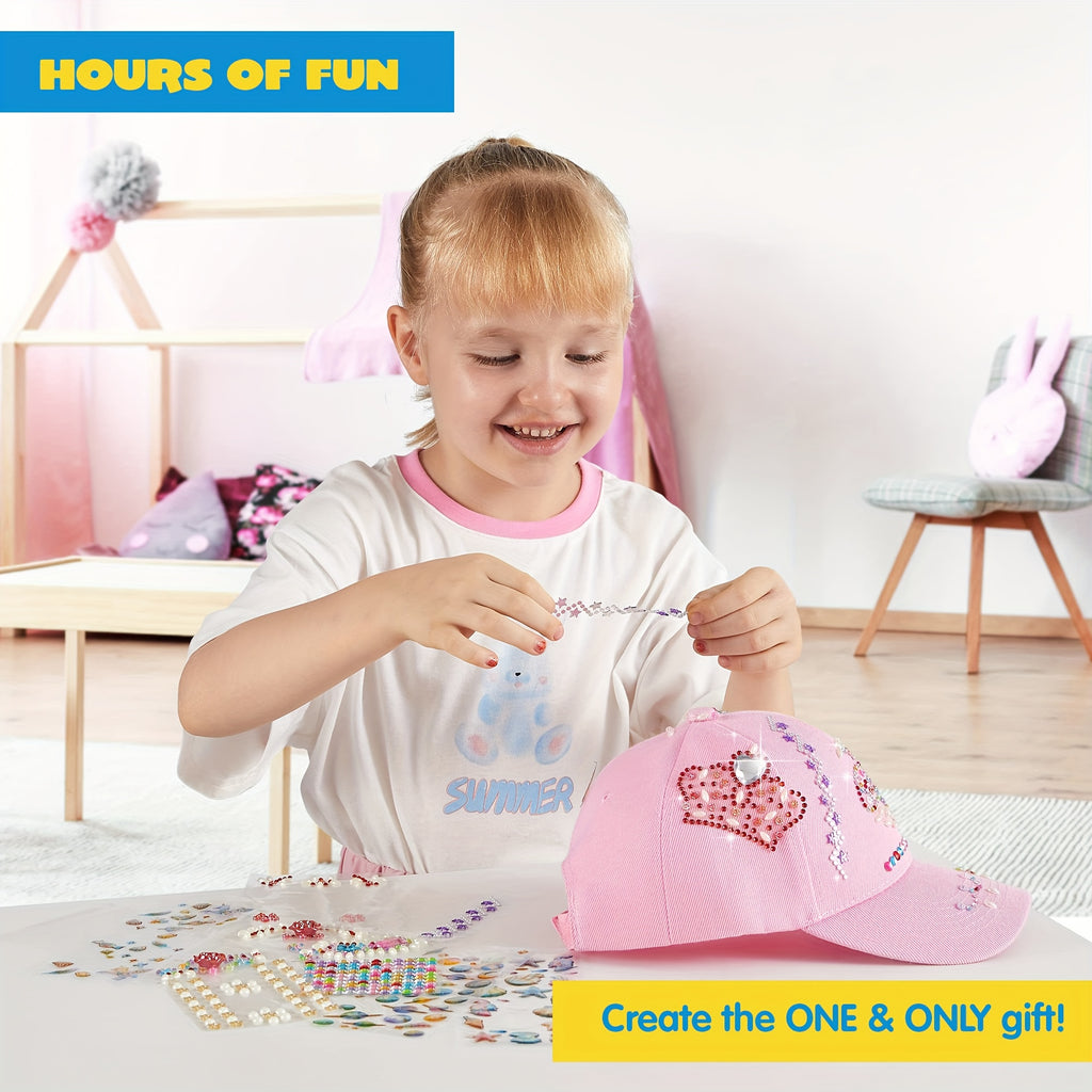 Decorate Your Own Pink Baseball Cap Kit with 7 Sheets Gem Stickers & Glitter Glue DIY Art Craft Toy Creative Gift for Girls Ages 6+