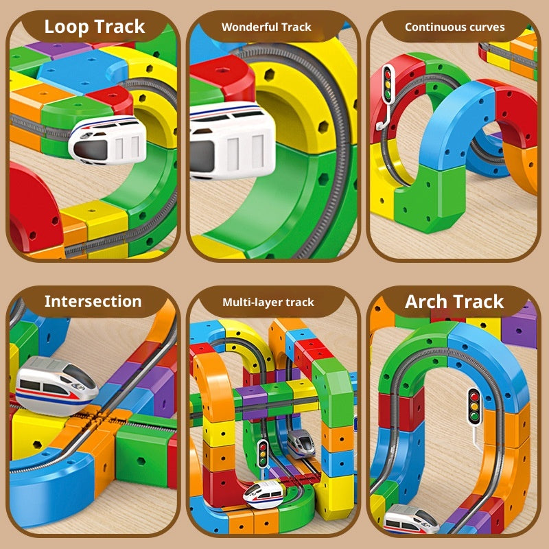 3D Gravity Magic Track Train Set DIY Deformable Racing Track STEM Building Toy with Blocks Traffic Lights for Kids Ages 3 4 5 Indoor Outdoor Birthday Gift