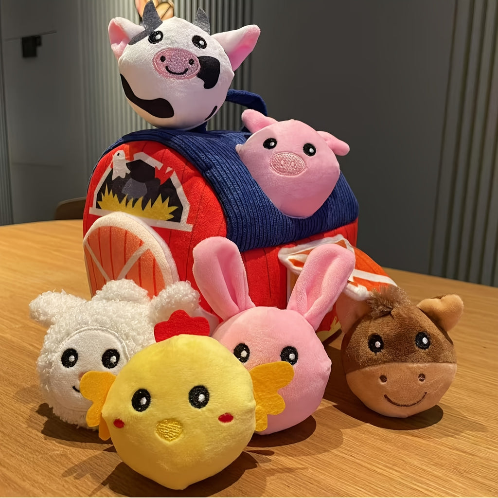Portable Farm Playset for Babies & Toddlers – 6 Plush Animals with Barn, Rattle, Crinkle & Mirror, Sensory Learning Toy Ages 0+, Baby Shower Birthday Gift for Boys Girls
