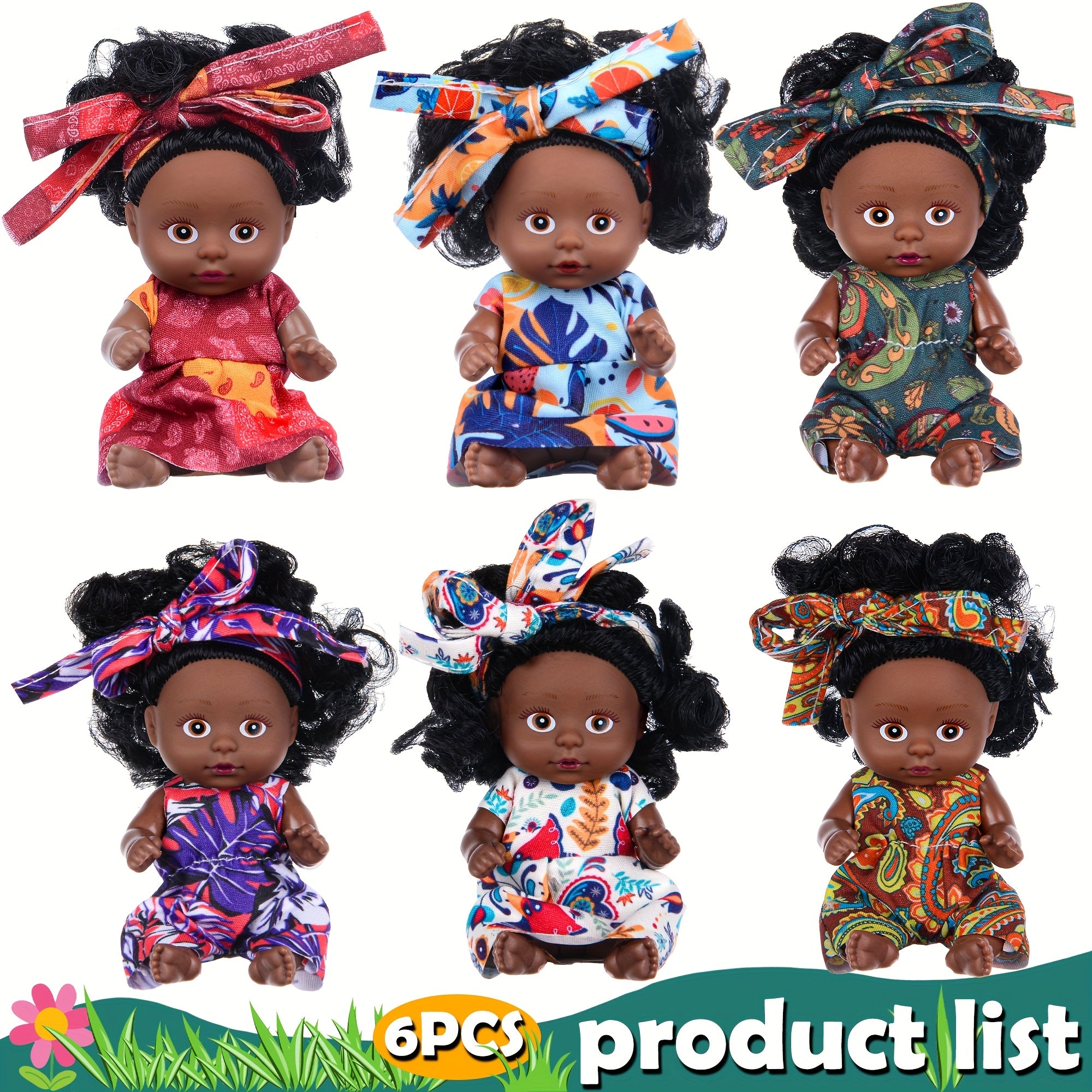 Black Baby Dolls 6 Pack Mini 4.5 Inch Curly Hair Flower Pajamas Poseable Head Hands Feet Gift Box Set Kids Birthday Christmas Holiday Gift Ages 3+