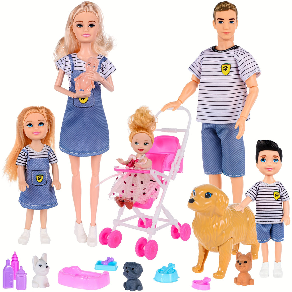 Family Doll Playset 6 Dolls with Pregnant Mom Dad Kids 3 Puppies Big Dog Handcart & Accessories – Poseable PVC Changeable Clothes Imaginative Role Play Gift for Kids Ages 3+