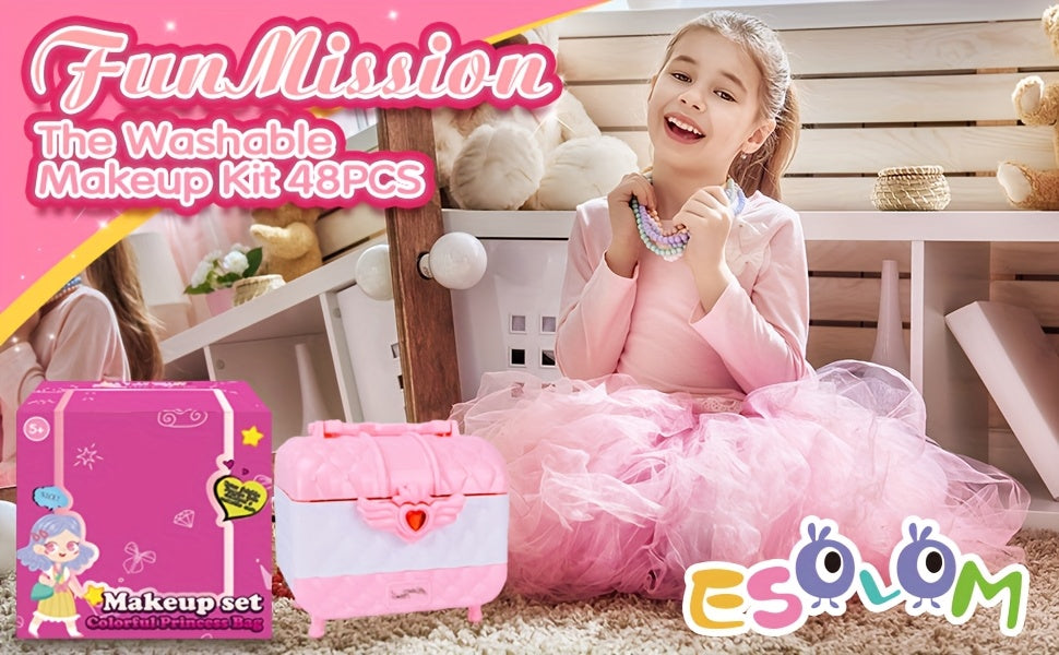 Kids Makeup Kit for Girls 48 Piece Washable Hypoallergenic Eyeshadow Blush Lip Gloss Nail Polish Glitter Princess Pretend Play Cosmetic Set Ages 5-12 Birthday Christmas Gift