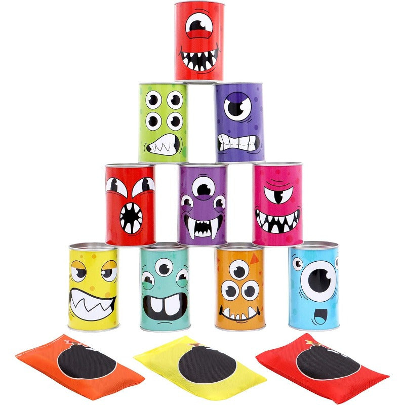 Monster Knockdown Can Game 13pcs – Carnival Bean Bag Toss Set for Kids Ages 3+ Outdoor Lawn Halloween Birthday Easter Party Favor Classroom Gift