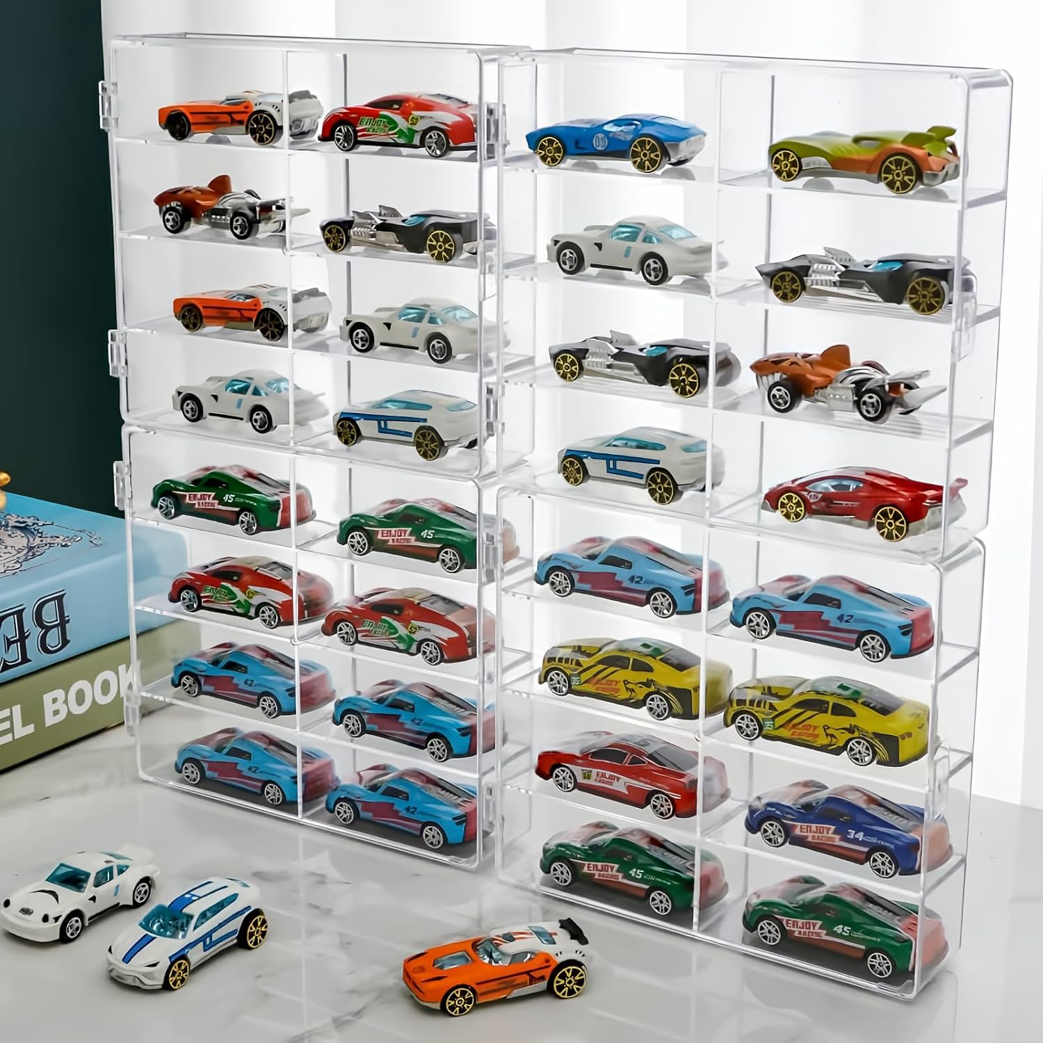 Die-Cast Car Display Case 4pcs 1/64 Scale Acrylic Holds 32 Cars - Dustproof Stackable Clear Storage Organizer for Hot Wheels Matchbox Collectors
