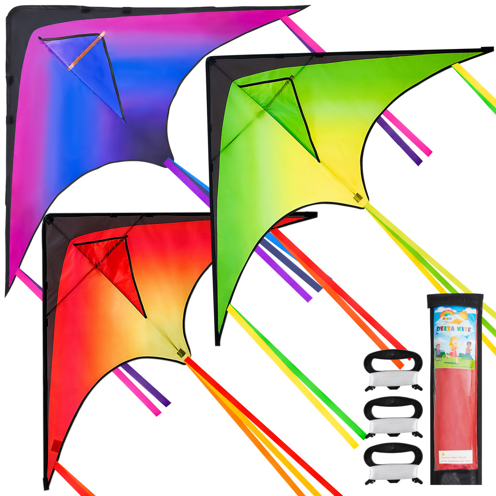 Large Delta Kite 3 Pack for Kids Adults, Easy to Fly Gradient Colorful Kites with 262.5ft String & Flowing Tails, Outdoor Beach Park Toy for Boys Girls Family, Birthday Summer Holiday Gift