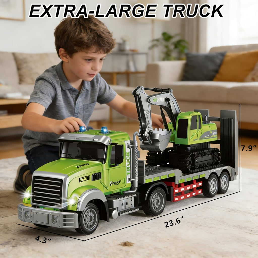RC Semi Truck with Flatbed Trailer & Alloy Excavator 1:12 Scale 11-Channel - Construction Vehicle Set with Lights Sound, Engineering Toy Gift for Boys Ages 3+
