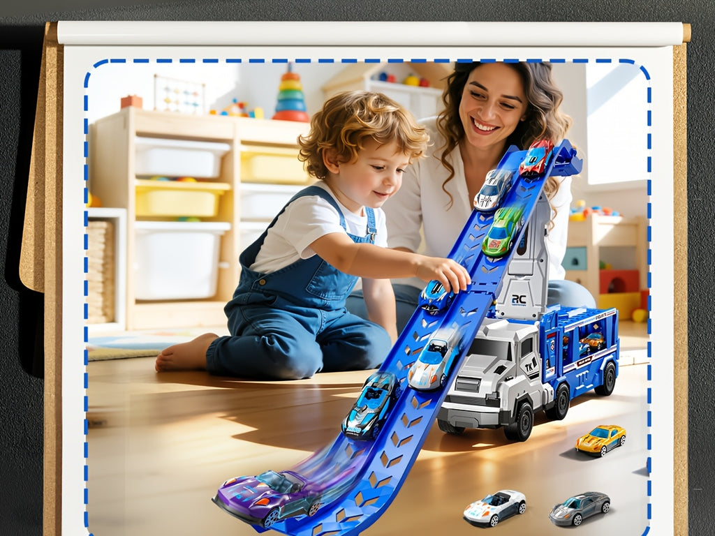 3-in-1 Kids Carrier Truck Toy with Car Tracks, 12 Racing Cars, Foldable Race Track & Garage – Toddler Birthday Gift for Boys Girls Ages 3+, Blue