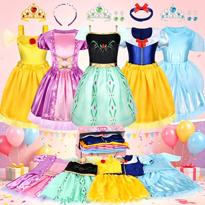 Princess Dress Up Costume Set for Girls 14-Piece, 5 Outfits with Crowns Earrings & Storage Box, Birthday Halloween Gift for Girls Ages 3-6