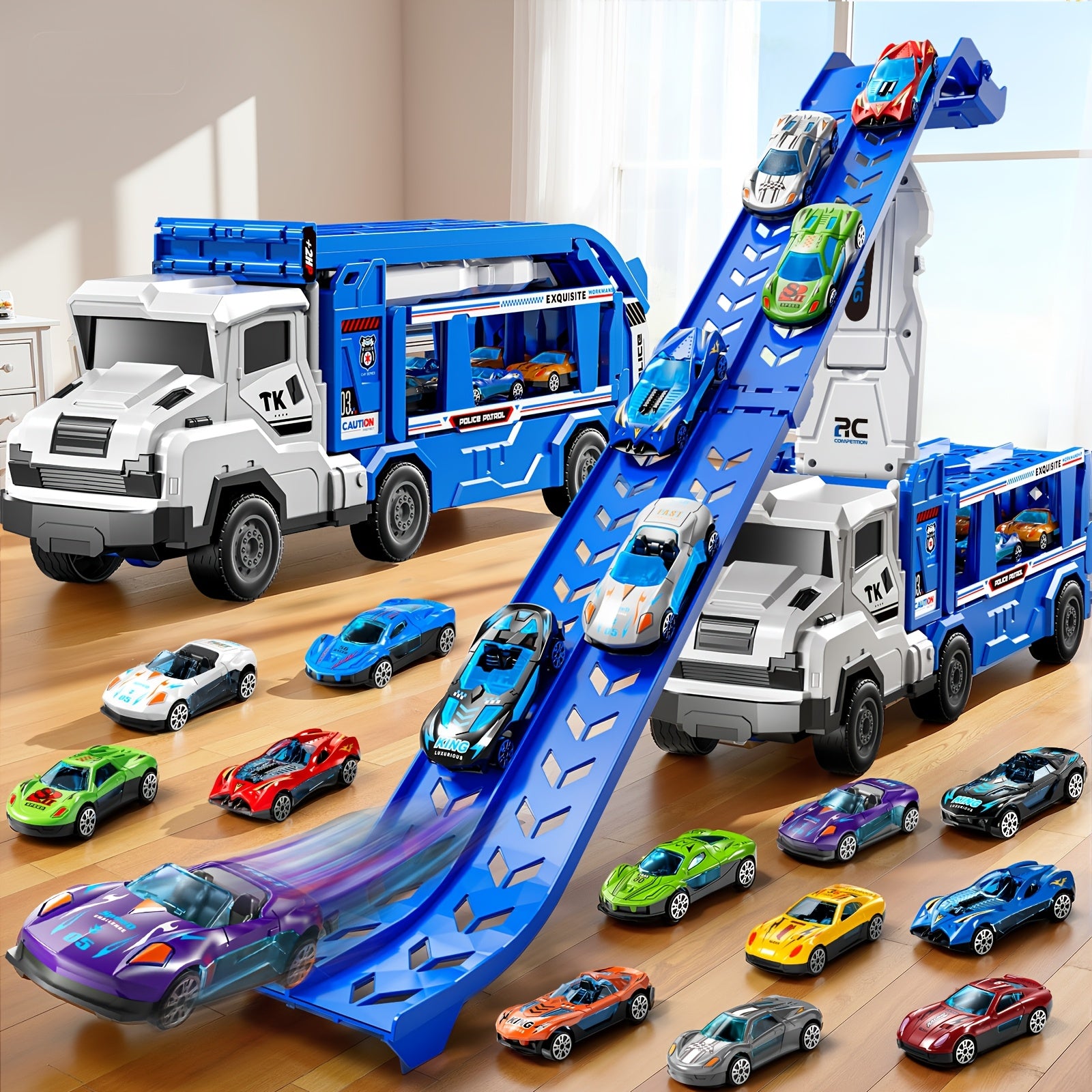 3-in-1 Kids Carrier Truck Toy with Car Tracks, 12 Racing Cars, Foldable Race Track & Garage – Toddler Birthday Gift for Boys Girls Ages 3+, Blue