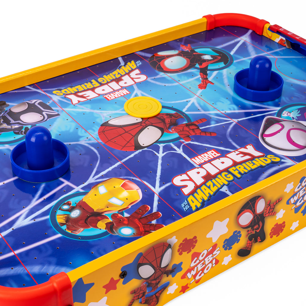 Tabletop Air Hockey Game for Kids Marvel Spidey and His Amazing Friends – Officially Licensed Wood Air Hockey Table, Manual Score Tracker, Family Game Night Gift Boys Girls Ages 3+