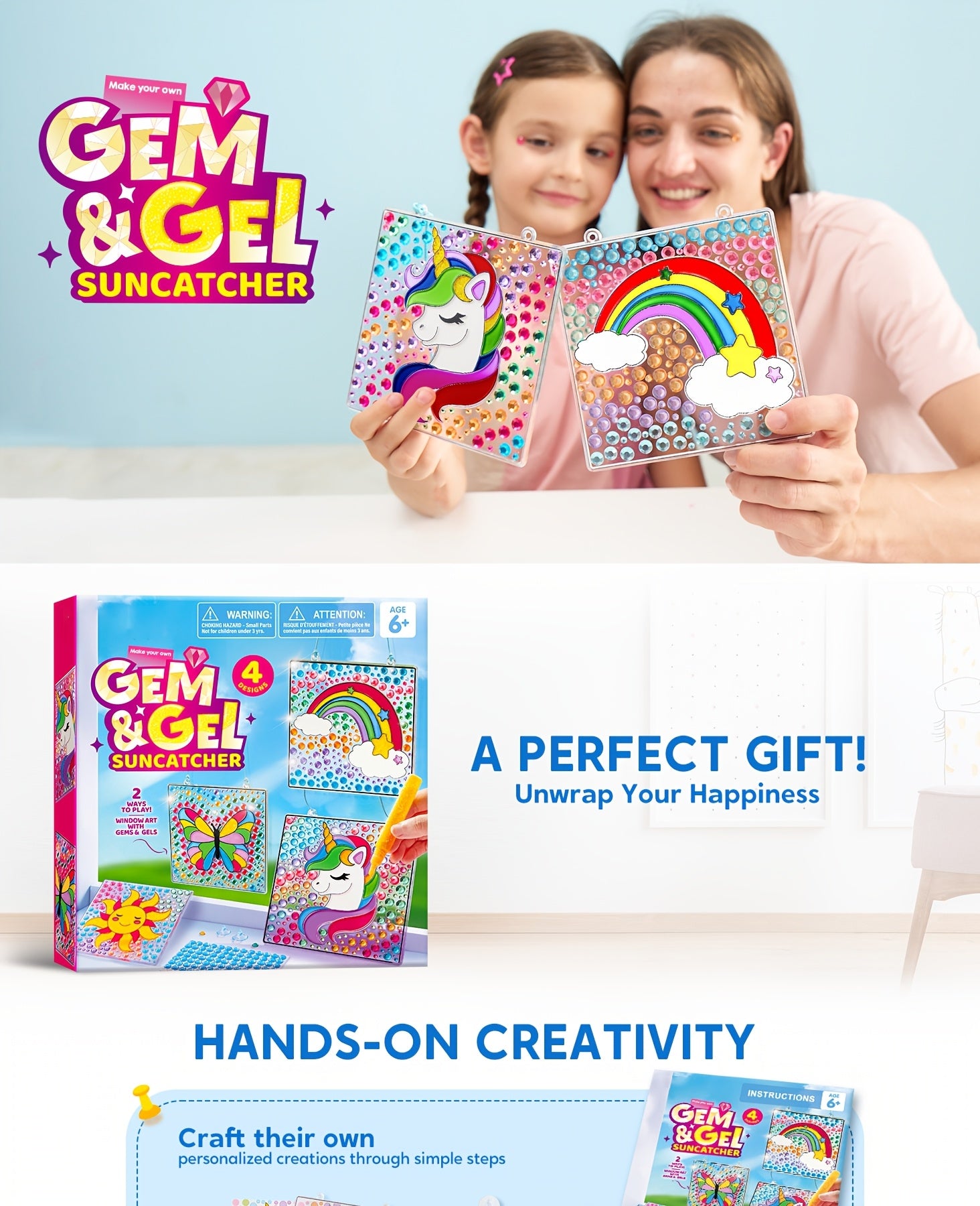 4-Piece Suncatcher Painting Kit 2-in-1 Gem Stickers and Window Paint Pens Butterfly Unicorn Rainbow Sun Designs Arts Crafts Gift for Girls Boys Ages 6 Plus